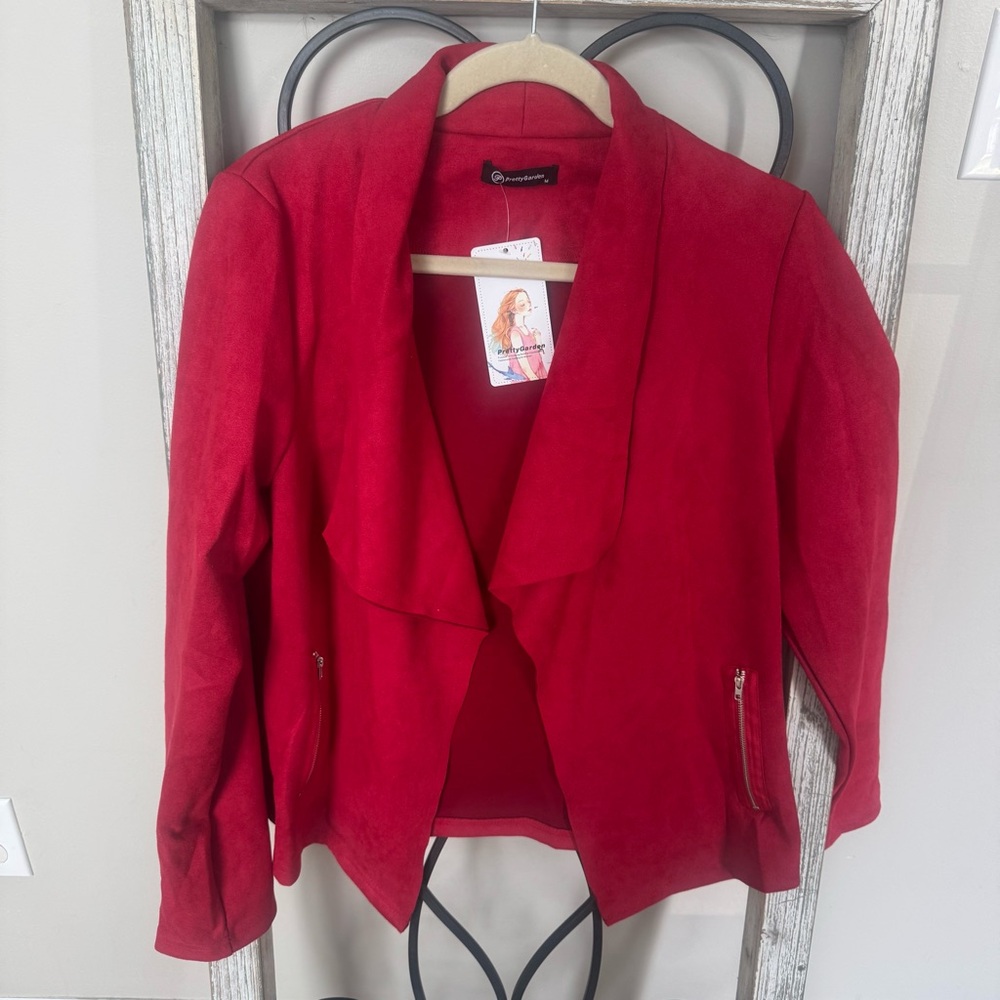 Pretty Garden Red Faux Suede Women's Open Front Jacket Size‎ Medium NWT